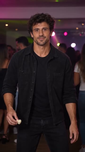 Generated sample frame: a man sways toward the camera at a party while holding bread
