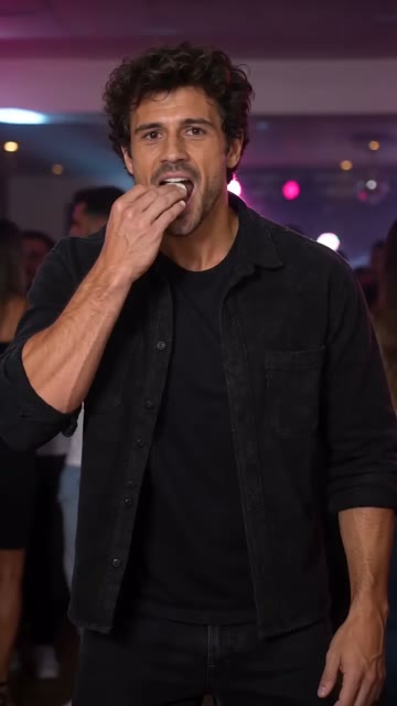 Generated sample frame: the man takes a bite of bread in front of the camera