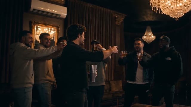 Lead performer turns toward a group of friends raising cups