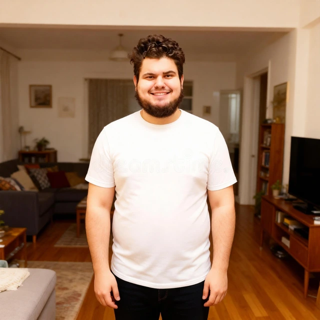 Actual sample input: a bearded adult man in a white T-shirt and dark trousers, photographed indoors with his feet outside the frame