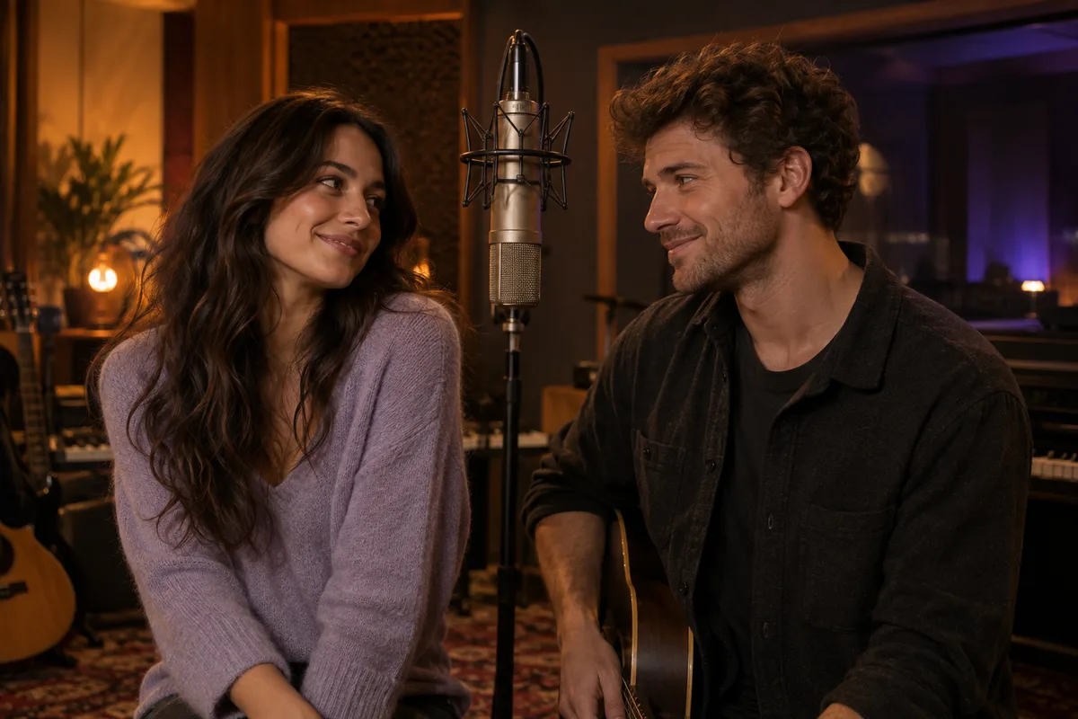 A couple smiling at each other beside a suspended microphone in a warmly lit studio