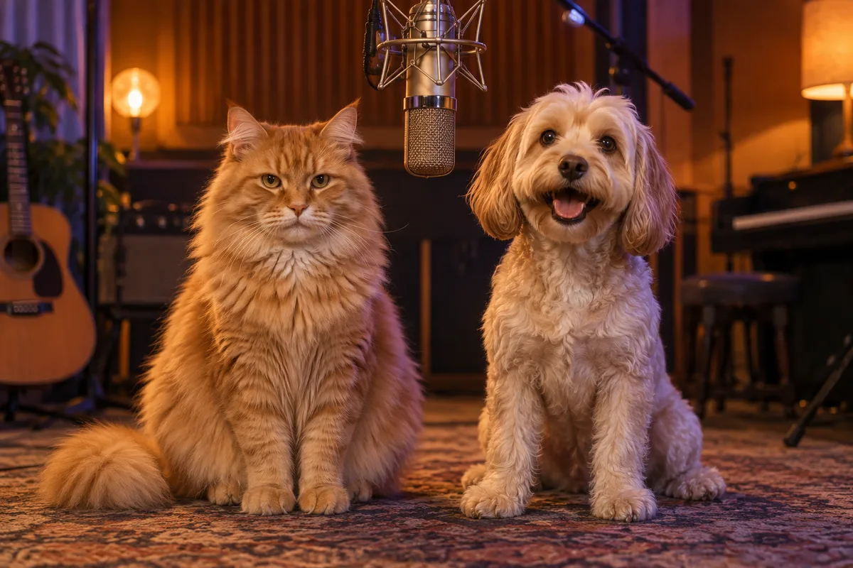 A dog and a cat beside a suspended microphone against a warm orange studio background