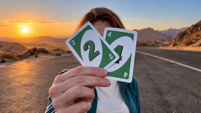 Two green numbered cards held in front of the woman