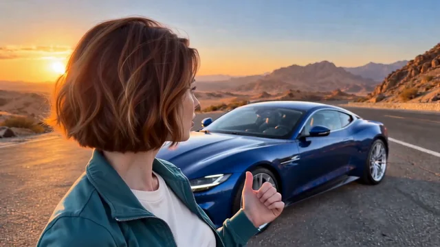 Woman turning to point her thumb toward the blue car