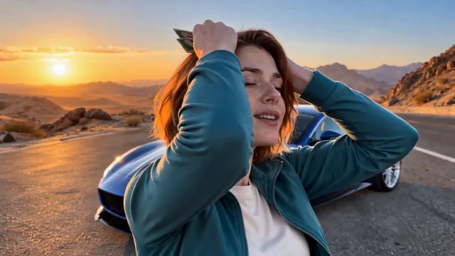 Woman lifting both hands to her head after the car reveal
