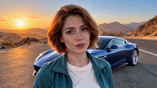 Blue car revealed behind the woman on a desert road