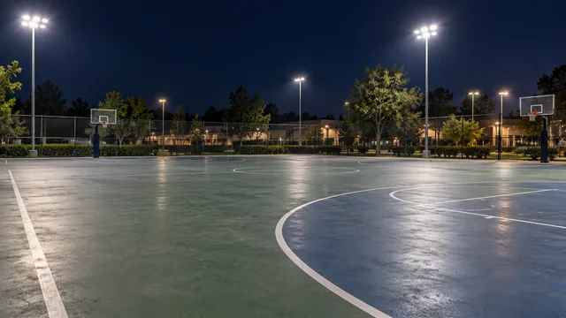 An empty outdoor court under floodlights.