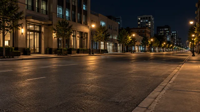 An empty city street under warm streetlights.