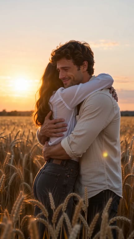 The healthy couple embraces in a warm sunlit wheat field