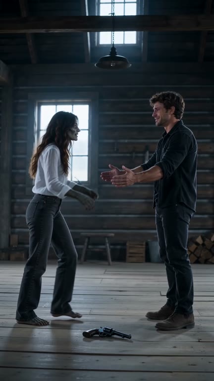 The survivor opens his arms with the weapon on the cabin floor